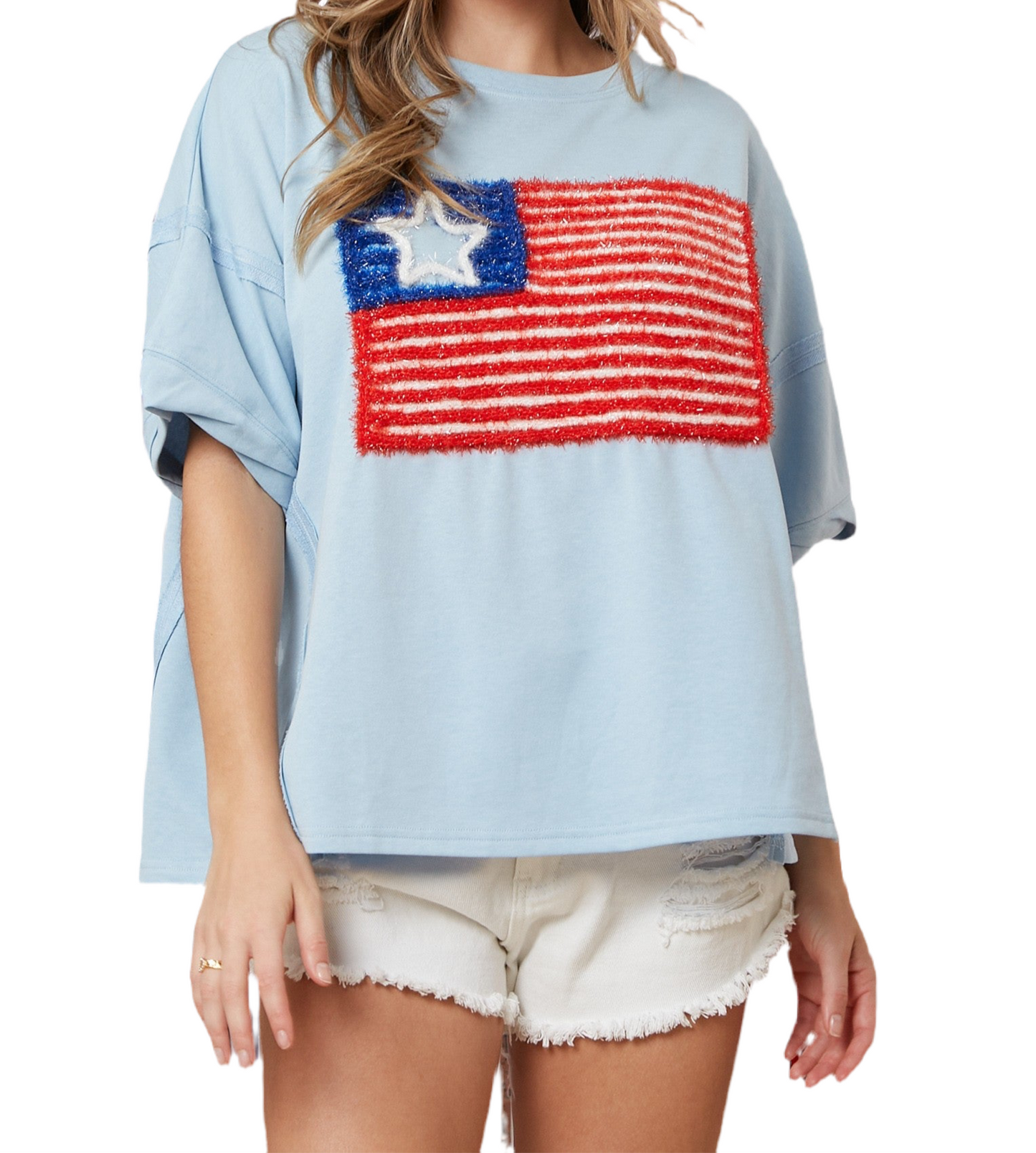 USA Flag Lurex Embroidery Tee - light blue