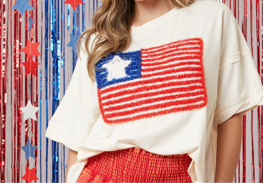 USA Flag Lurex Embroidery Tee - cream